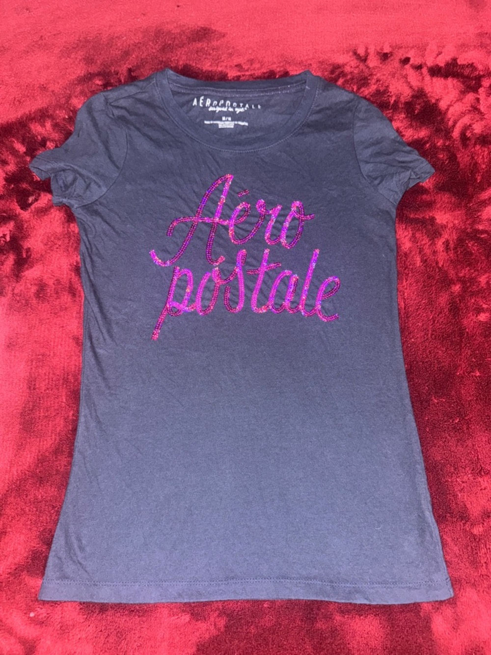 Aeropostale Navy Short Sleeve Tee with Pink Glitter Logo